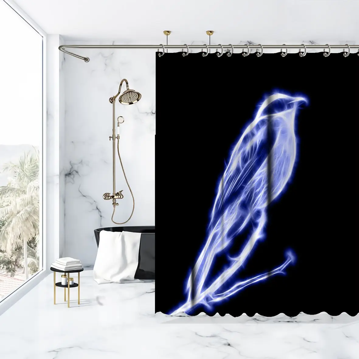 Fiyat Shower Curtain Abstract Glowing Bird Pattern In Dark Space Decorative Futuristic Digital Artwork Blue White Black