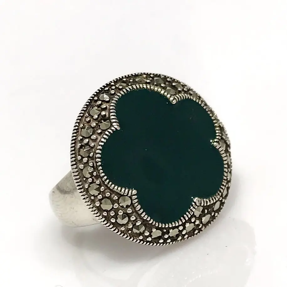 

Green Agate Melting Silver Handwork Authentic Ring