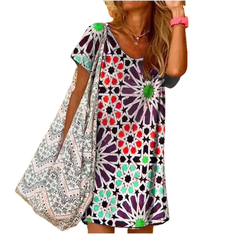 

2021 Summer Vintage Dresses Women Short Sleeve Casual Boho Floral Printed A-line Mini Dress Ladies Loose Beach Party Dress