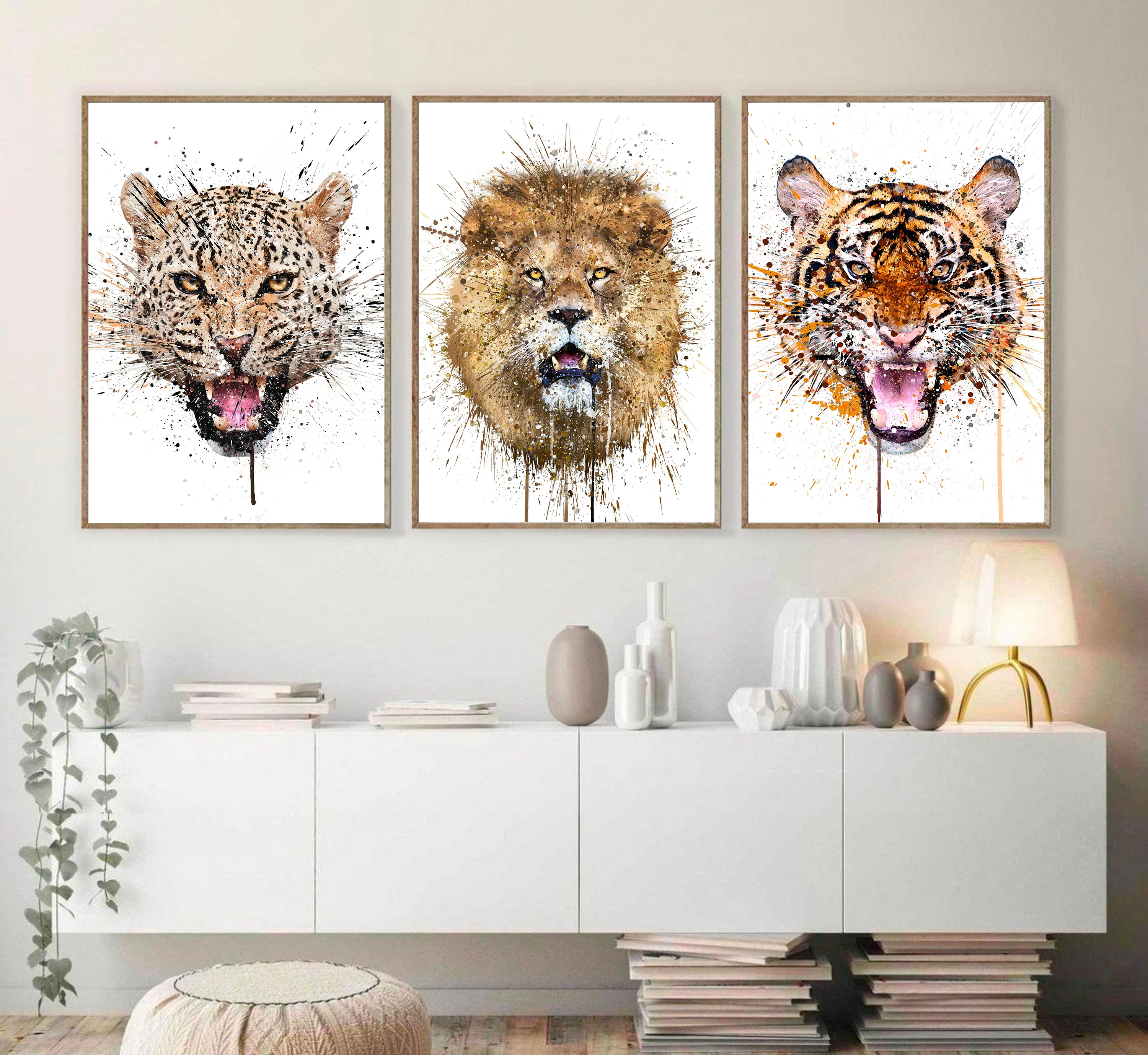 

Wildlife Portrait Poster Animals Art Print Raccoon Cheetah Tiger Lion Canvas Painting Watercolor Wall Picture Living Room Decor