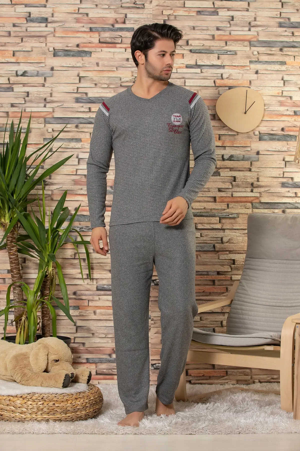 Мужской Хлопковый Пижамный костюм с длинными рукавами и рисунком клубники |