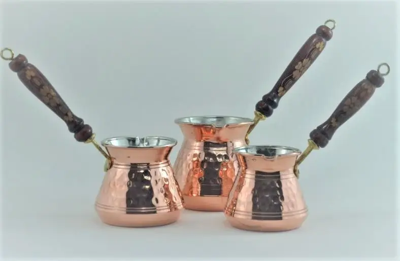 Hand Hammered Copper Turkish Coffee Pot  3 pieces  Ibrik Vintage Jazzva Briki Brass Handle