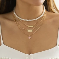 vintage pearl chain pink heart necklace for women gothic number letter mutilayer choker necklaces party jewelry gift 2022