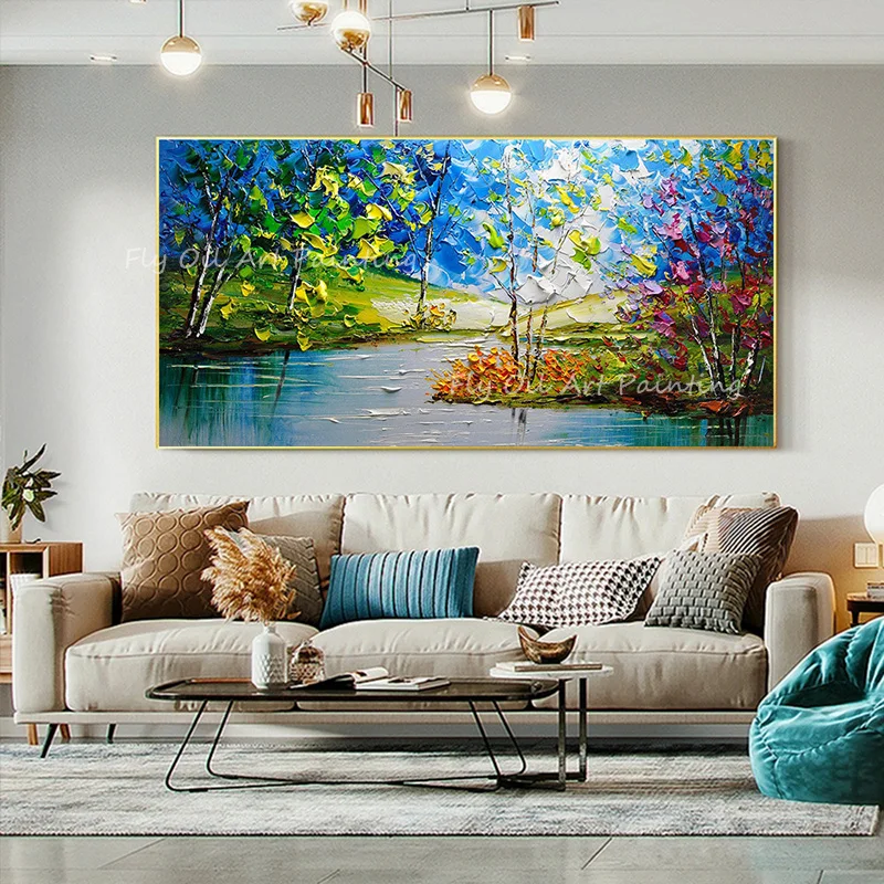 

City Street Tree Canvas Abstract Wall Art 100% Handmade Oil Painting Knife Landscape Painting Artwork Gift No Frame