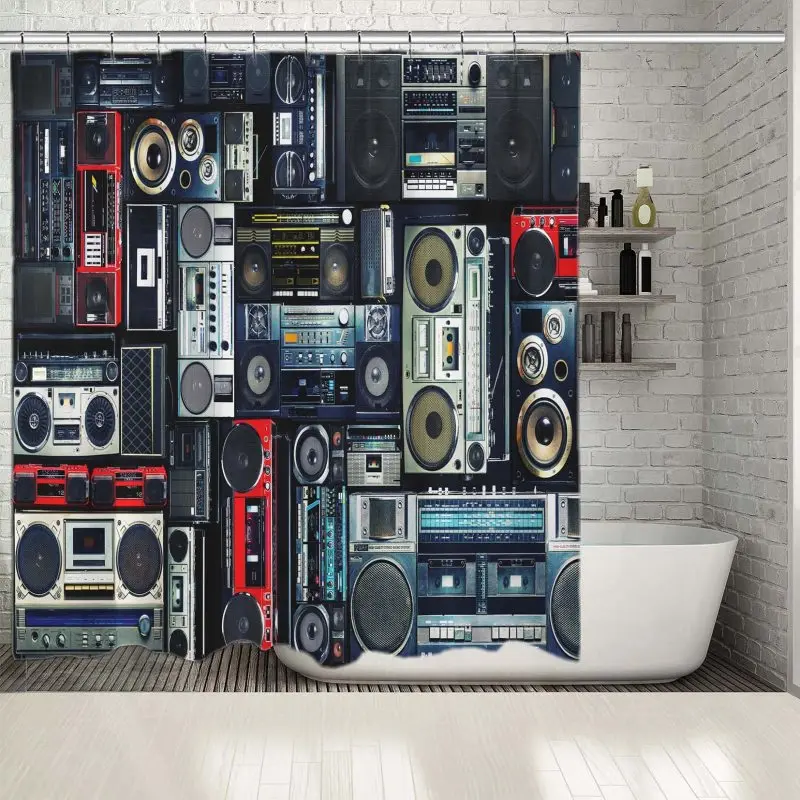 Занавеска для душа винтажная стена полная радио Boombox 80s аудио лента античного