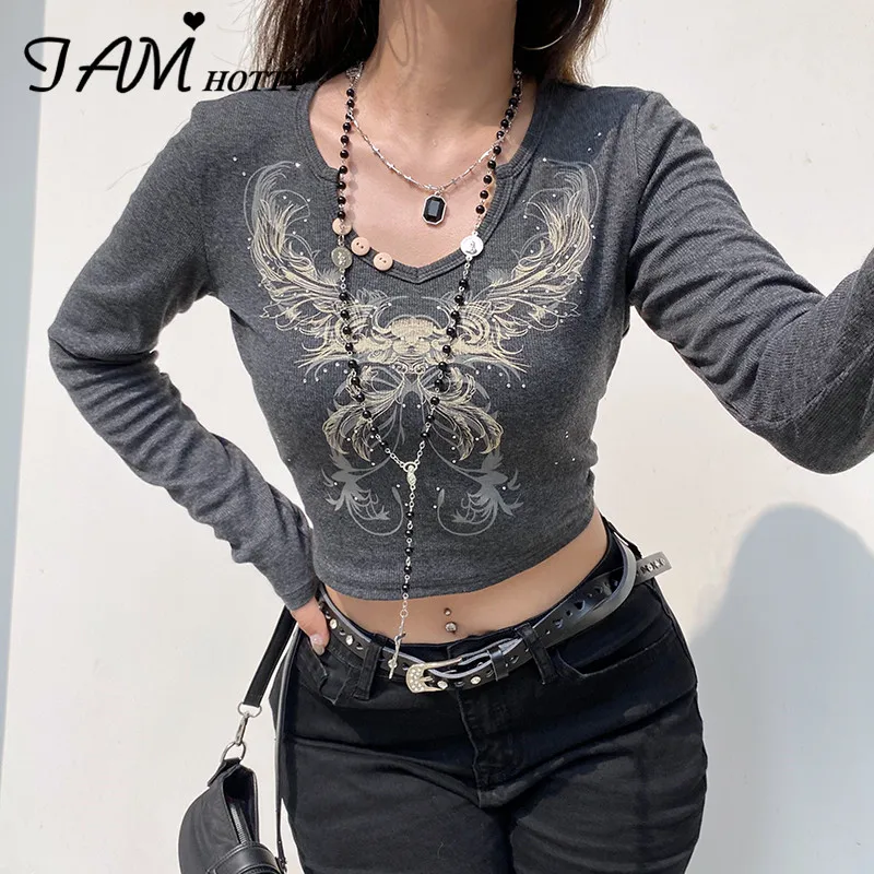 

IAMHOTTY Graphic Print Rhinestones Top Vintage Long Sleeve Crop Tshirt Fairycore Grunge Clothes Retro V-neck Aesthetic Tee Women