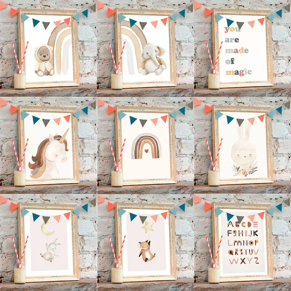 

Nordic Nursery Poster flower Rainbow Heart Wall Art Print Rabbit Unicorn Canvas Painting Boho Decor Pictures Baby Kids Room