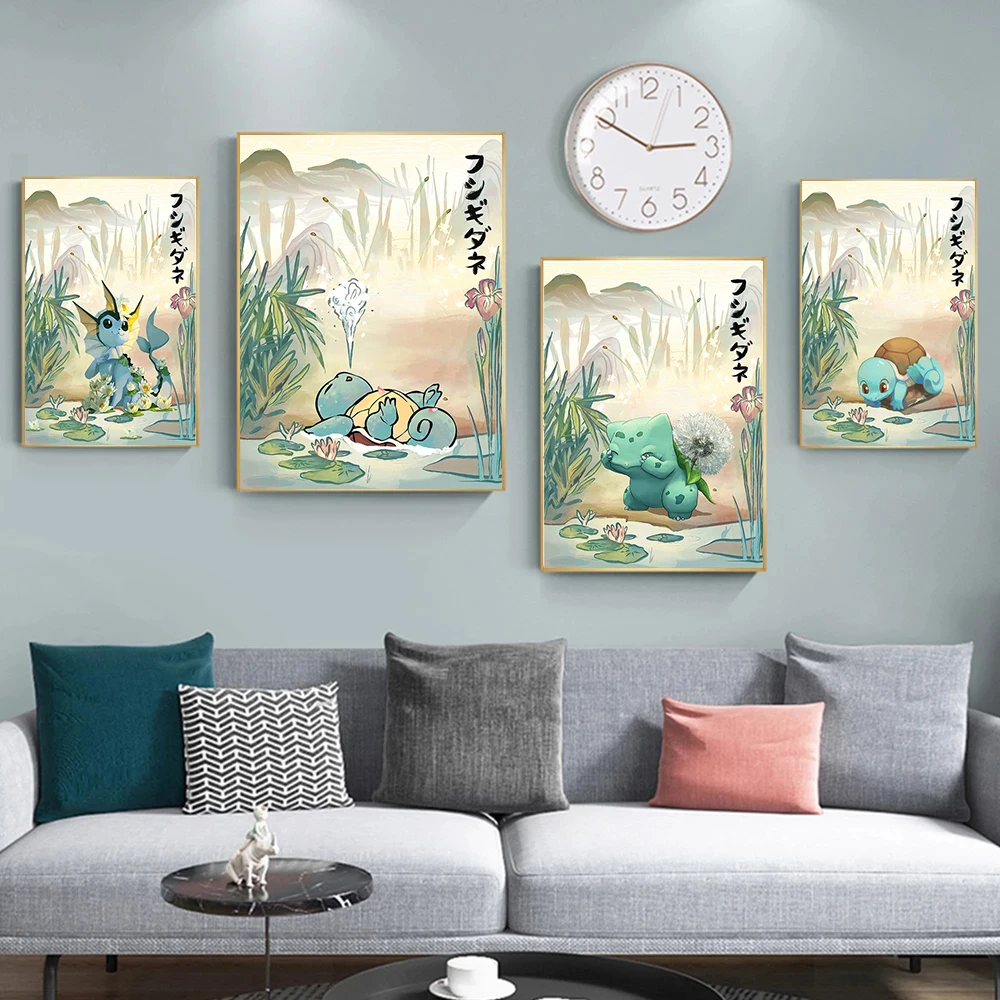 

Japanese Pokemon Anime Poster Squirtle Bulbasaur Canvas Painting Wall Print Picture Living Room Boy Bedroom Home Decor Cuadros