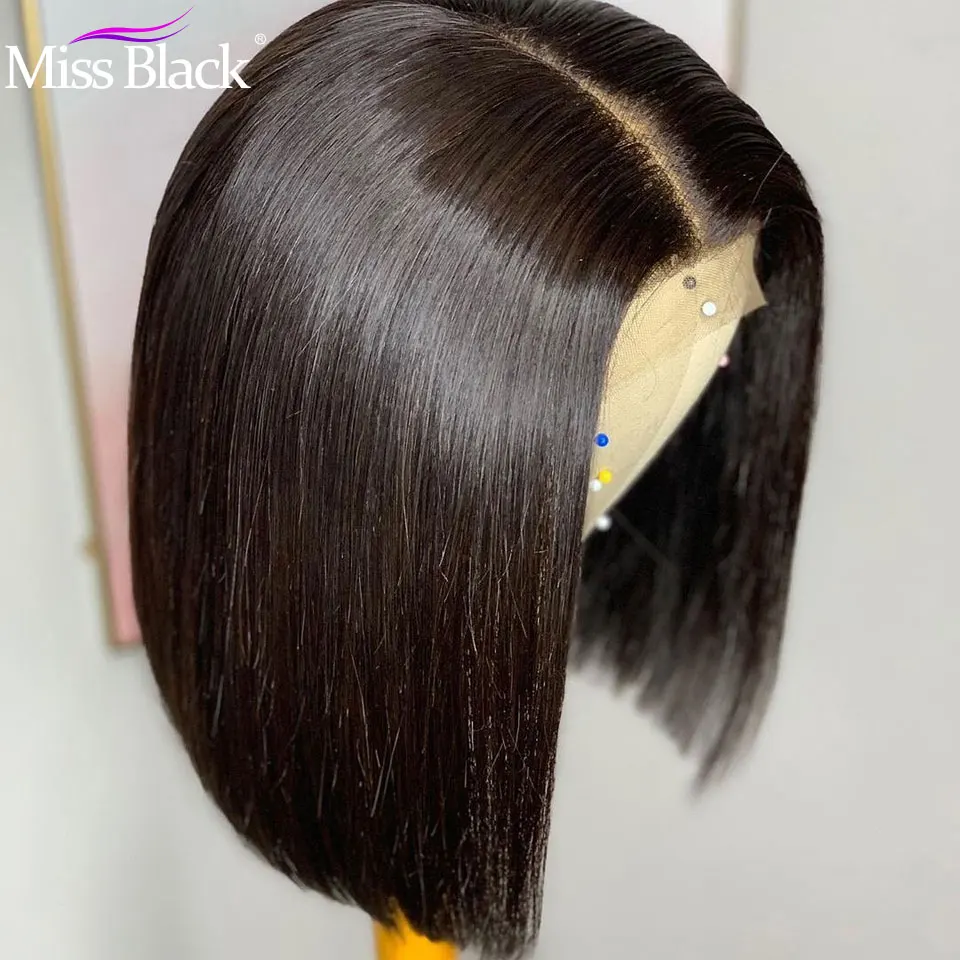 4x4 Lace Closure Short Bob Human Hair Wigs Pre-Plucked Brazilian Straight Wigs Swiss Lace 150% Density Remy For Black Women