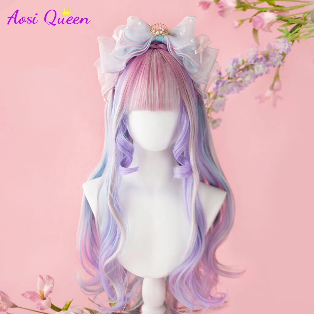 

AS Long straight hair purple pink blue Synthetic Wigs for Women Heat Resistant Natural Middle Part Cosplay Party Lolita Hair Wig