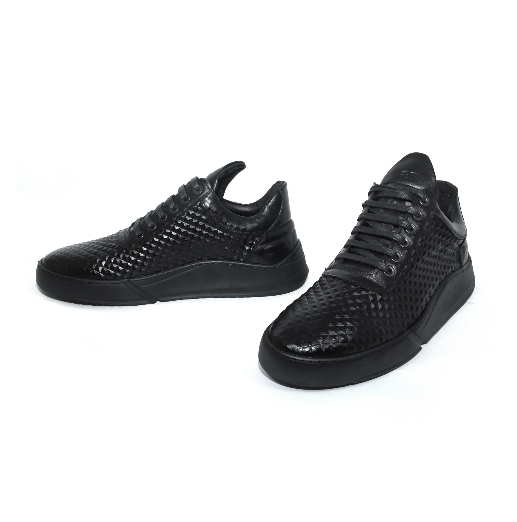 

Handmade Black High Top Sport Shoes with Warm Insoles for Winter, Embossed Patterned Calf Leather, Men's Casual Footwear