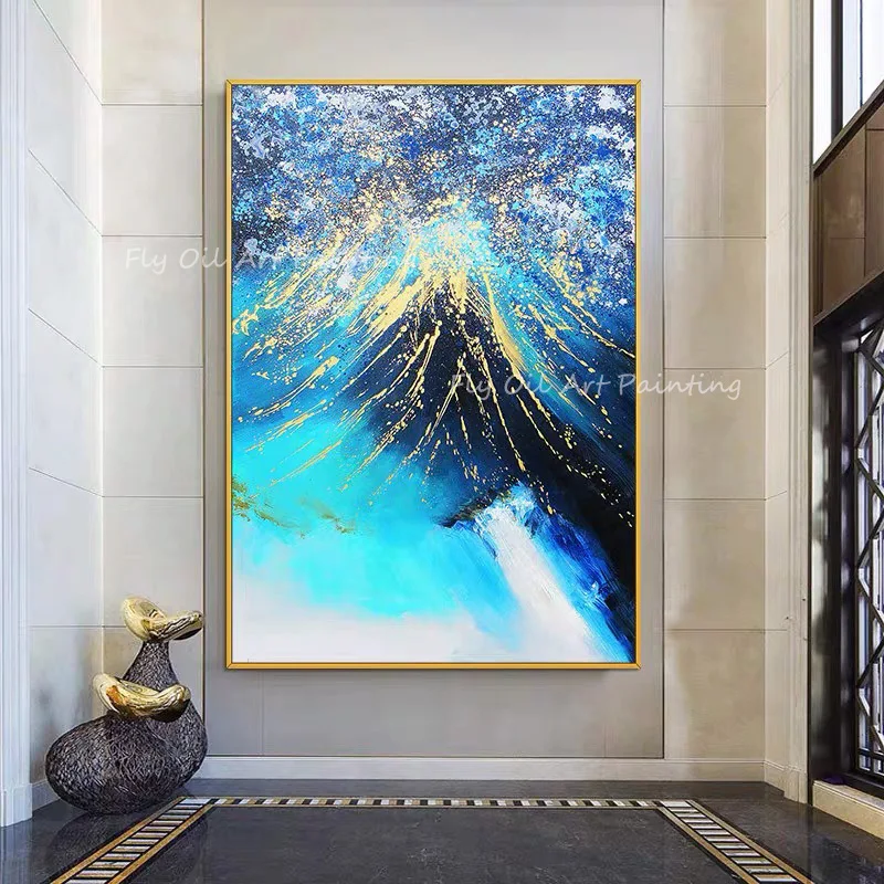 

Gold Foil Colorful Blue Canvas Thick Modern 100% Handmade Oil Painting Canvas Paintings Wall Pictures Landscape Decoration