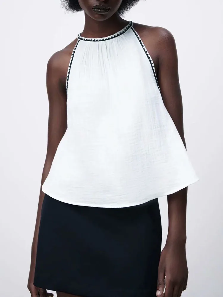 

spring and summer new women's cotton open-back embroidered halterneck top