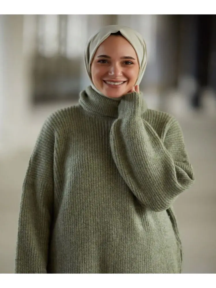 

Turtleneck Knitwear Tunic Sweater Thick Soft Long Sleeve Knit Fabric Muslim Fashion Women Hijab Tops For 2021 Autumn Winter
