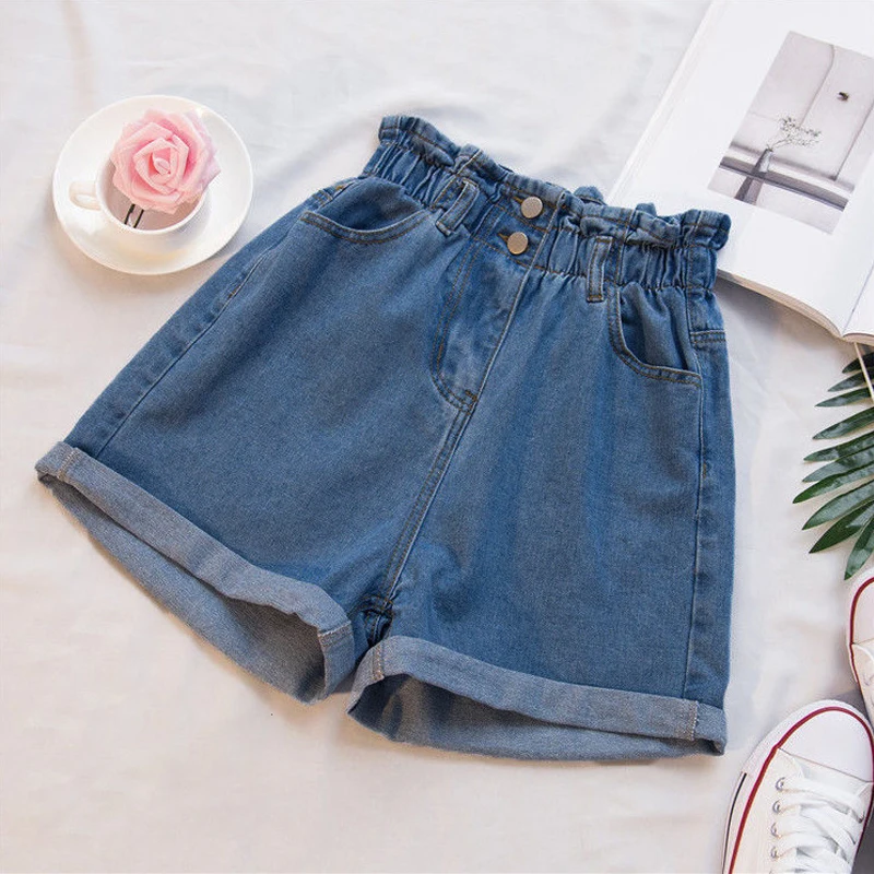 

Summer Blue Women's Denim Shorts Large Size 5XL Harem Ruffle White High Waisted Shorts Elastic Waist Jeans for Women