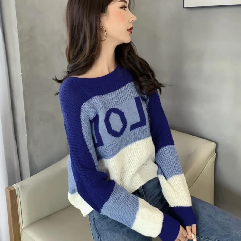 

2021 Autumn And Winter New Plus Fat Plus Size Women's Lazy Wind Hedging Color Matching Letter Knitting College Casual Loose Top