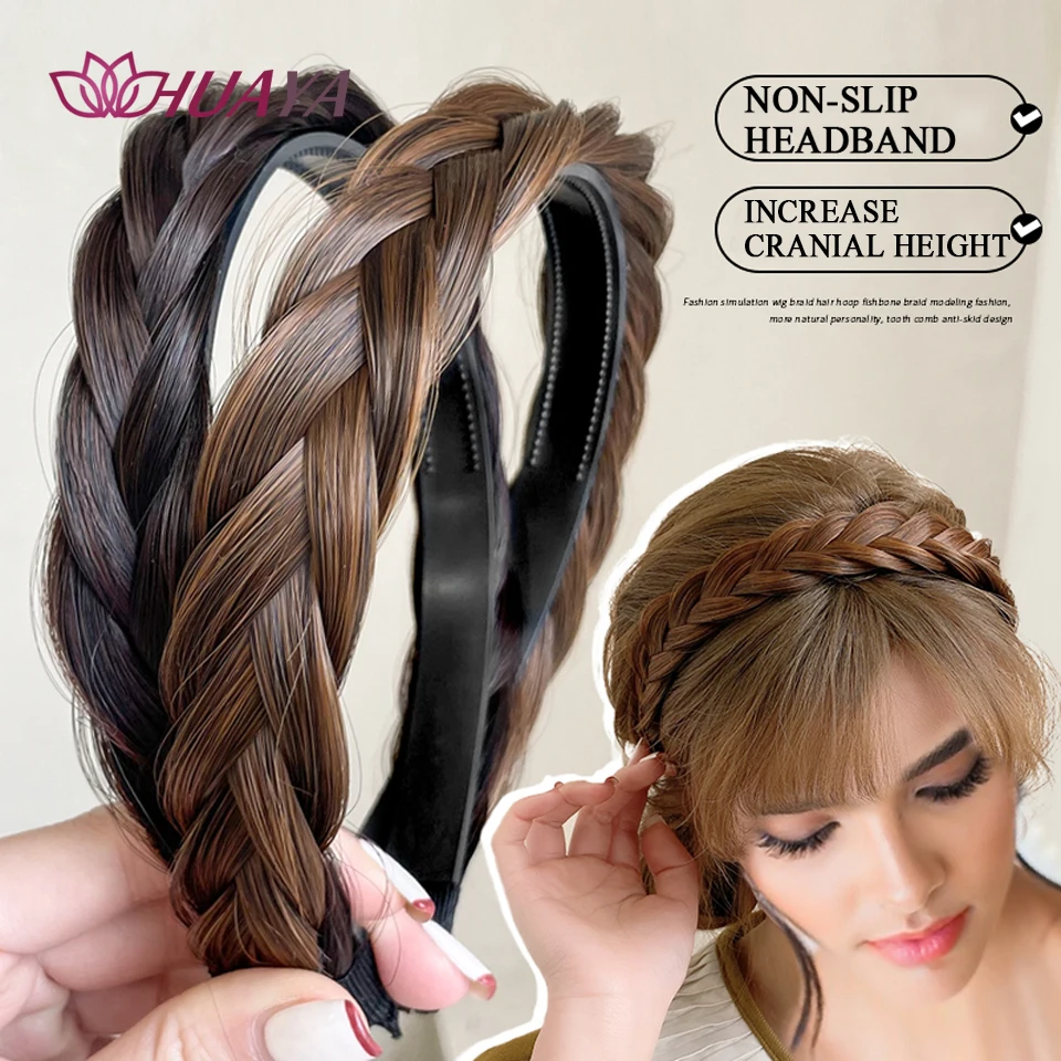 HUAYA Front Bangs Braided Hair Band Synthetic Fake Hair Woven Headband Braids Pad High Head Top Clip In Bangs Hairpiece Hairband