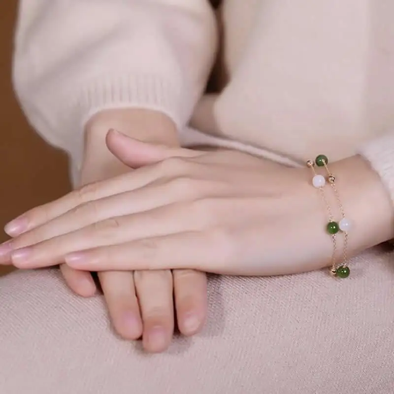 

Pure 14K Gold Bracelet Women Green Jadeite Beads Bracelet Fashion Bracelet