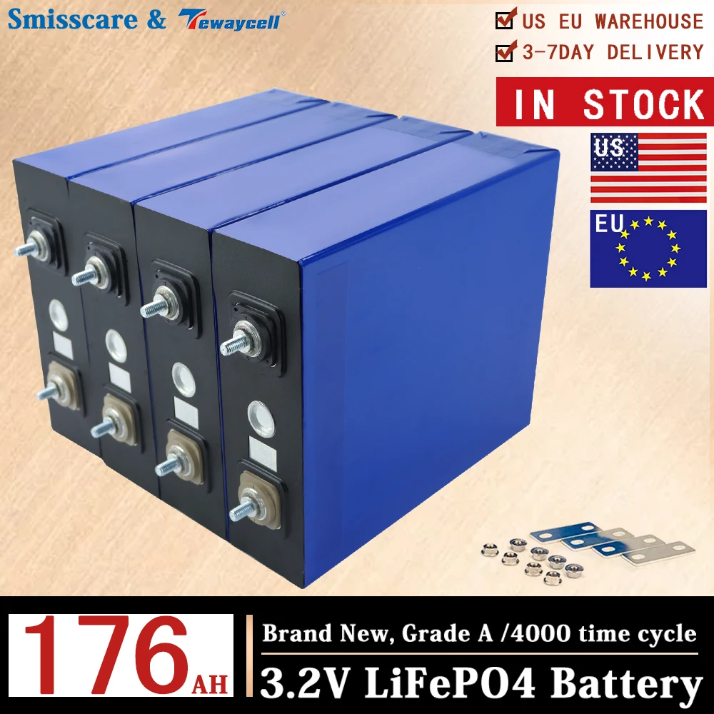 

4pcs 3.2V 176AH Lifepo4 Battery Lithium Iron Phosphate Cell Rechargable Batteries for Power Energy PV RV UPS Solar EU US Stock