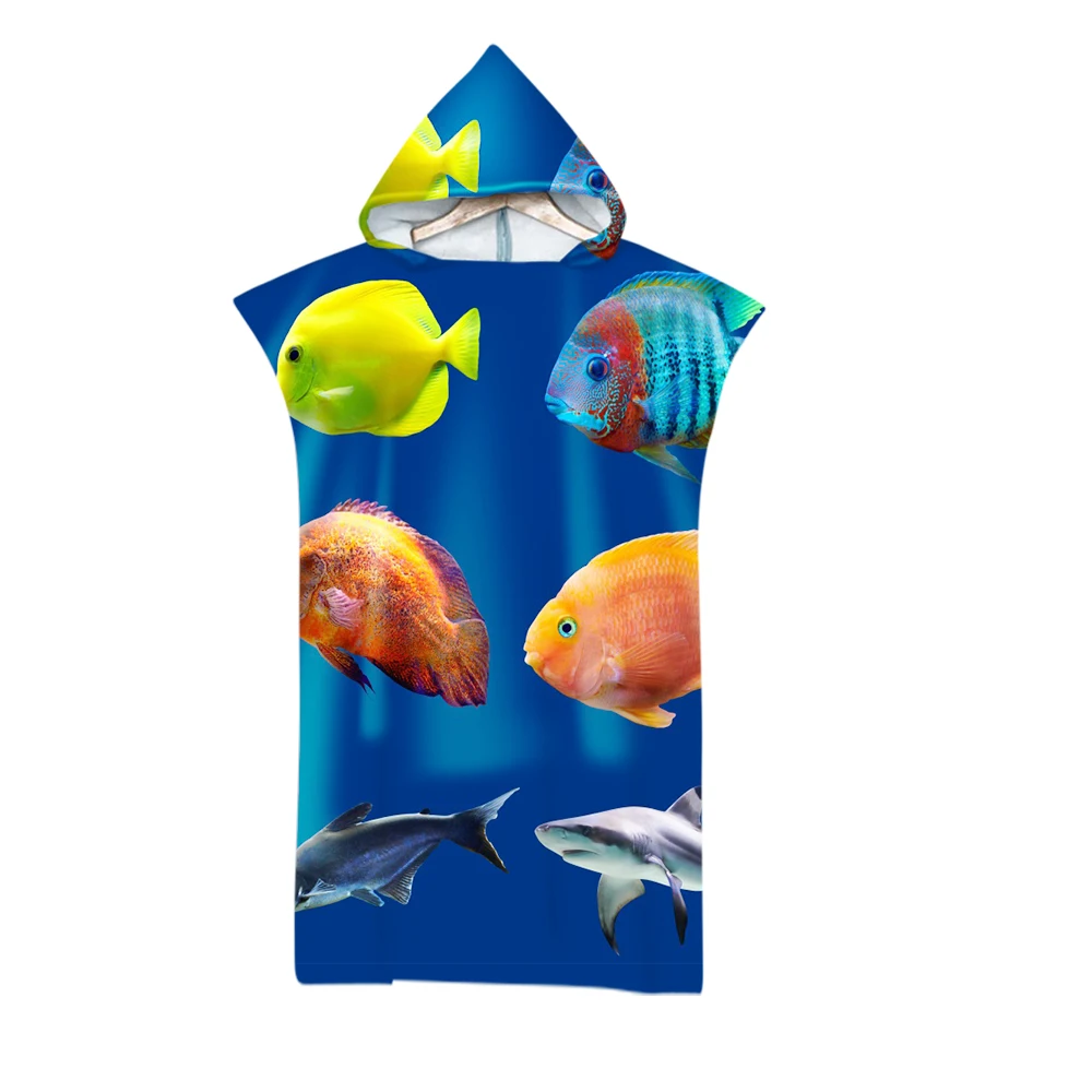

Blue Marine Life Colorful Fish Ocean Printing Outdoor Adult Hooded Beach Towel Poncho Bathrobe Towels Women Man Bathrobe