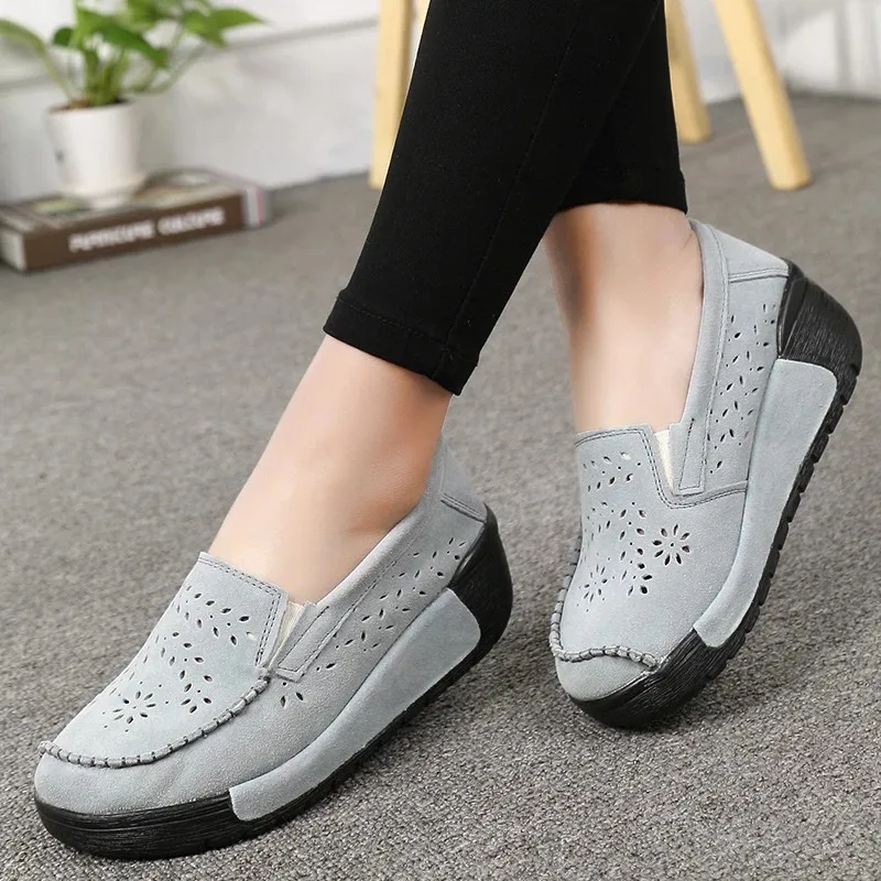 

Summer Nubuck Platform Sneakers Women Slip On Loafers Genuine Leather Flat Swing Shoes Shallow Ladies Casual Plus Size