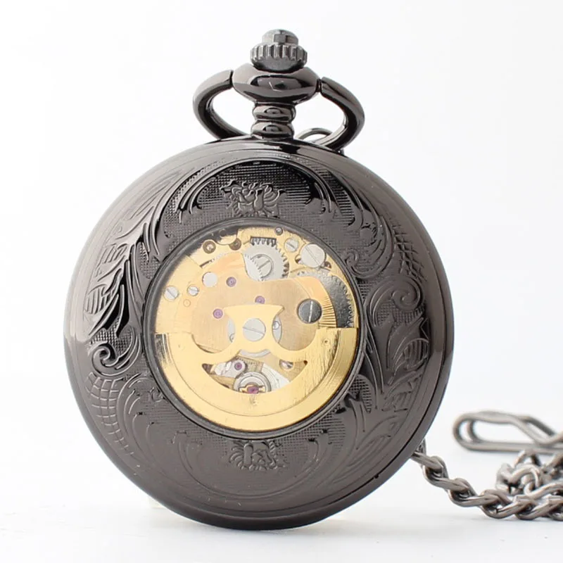 Tungsten Steel Black Fashion Pocket Watches Mechanical Automatic Skeleton Steampunk Pocket&Fob Chain Watches карманные часы