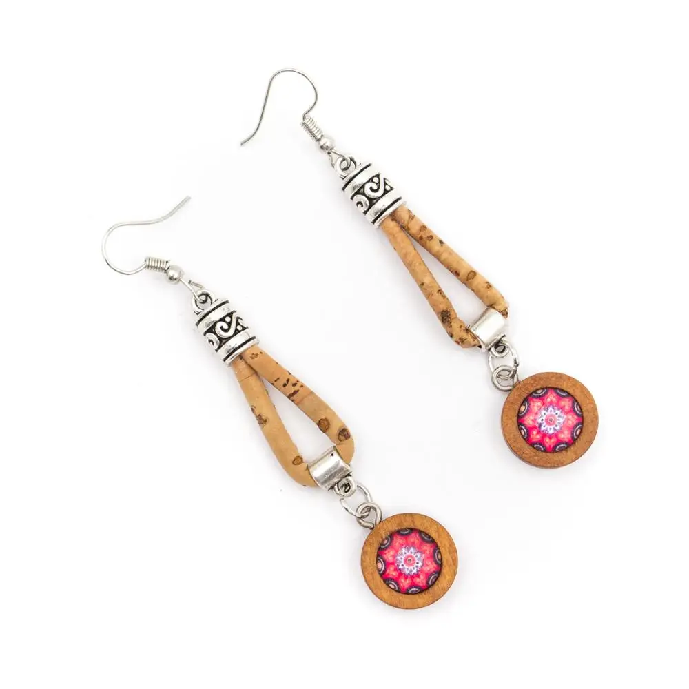 Natural cork with round wood pendant women earrings Original handmade ladies earrings-ER-105-MIX-5 | Украшения и аксессуары