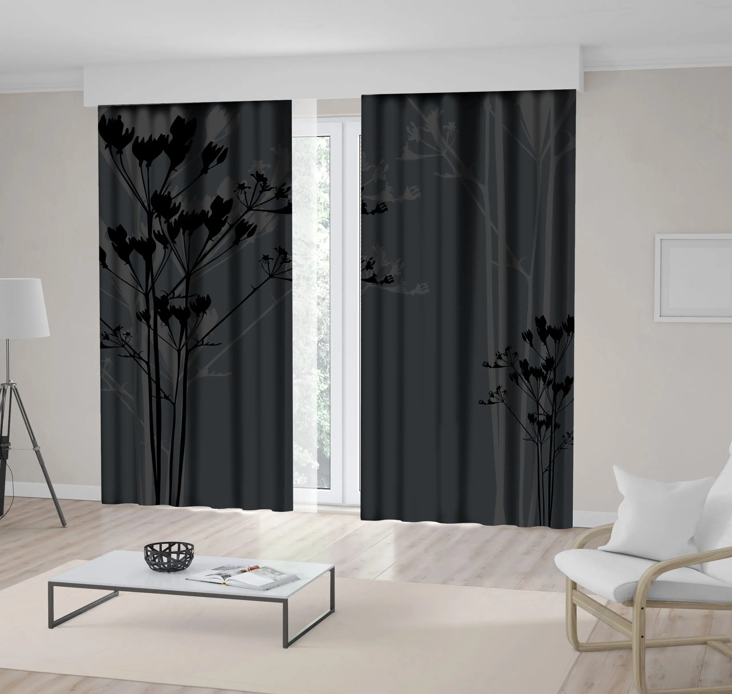 

Curtain Trees Forest Landscape Night View Silhoutte Nature Monochrome Artwork Printed Gray Black