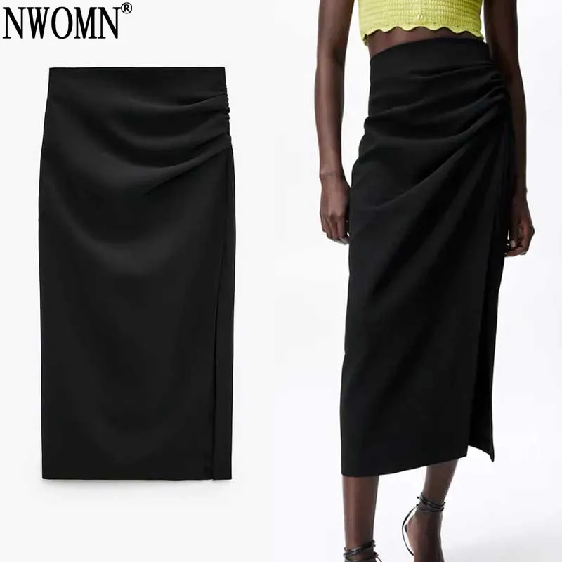 

NWOMN Za 2021 Black Women Skirts Ruched Skirt Woman High Waisted Skirt Summer Elegant Long White Skirts Female Fashion Side Slit