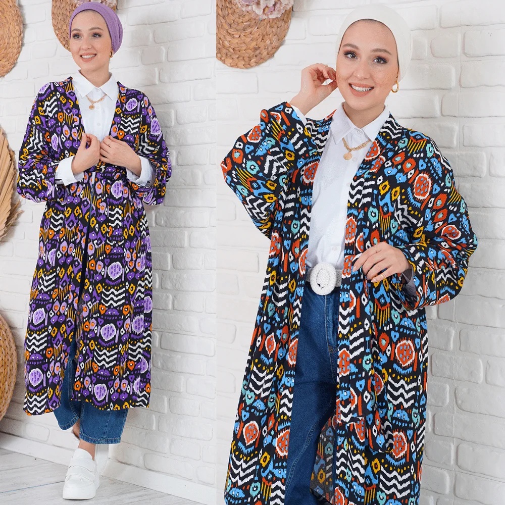 

Women Kimono With Sashes Long Sleeve Abaya Muslim Fashion Hijab Colorful Islam Clothing Dubai Turkey Tops With Belt Cardigan