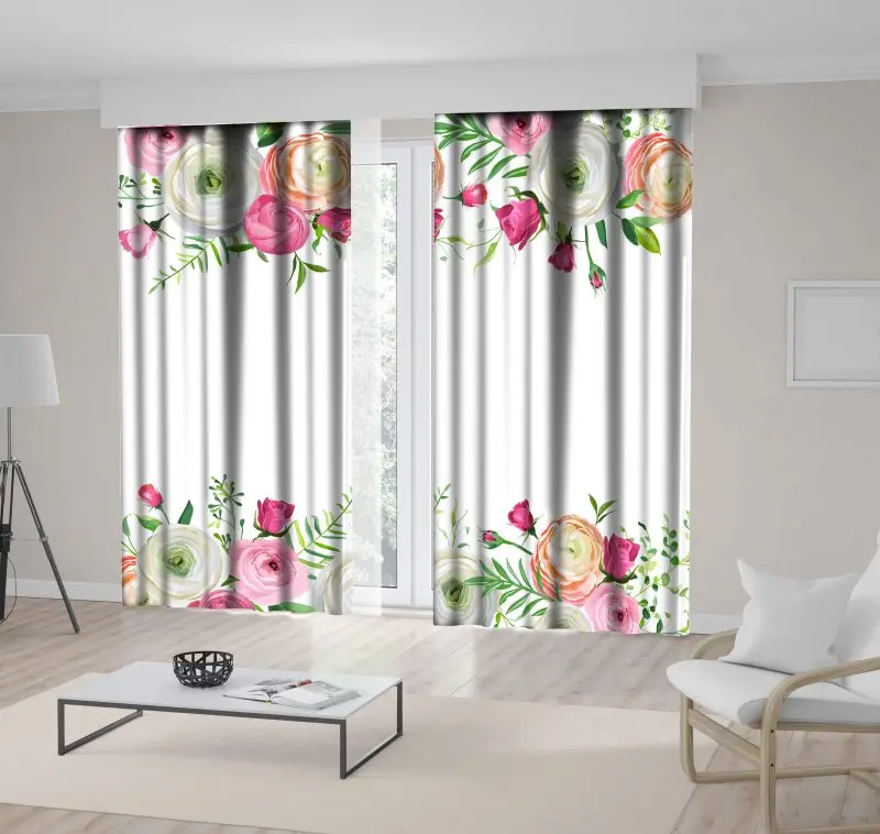 

Curtain Flowers Spring and Summer Blooms Floral Frame Romantic Celebration Decorative Art Green Pink White