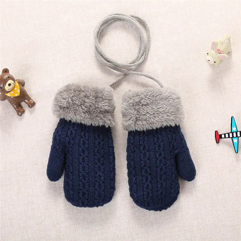 Navy blue Детские осенне-зимние Бархатные вязаные теплые перчатки для девочек и мальчиков, лоскутные уличные варежки, шерстяные перчатки, перчатки с пятью пальцами - Цвет: Navy blue