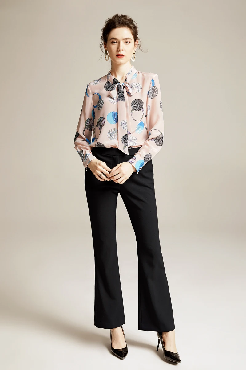 100% Pure Silk Women's Runway Shirts Bow Collar Long Sleeves Printed Elegant Spring Summer Casual Fashion Blouse Tops Shirt | Женская