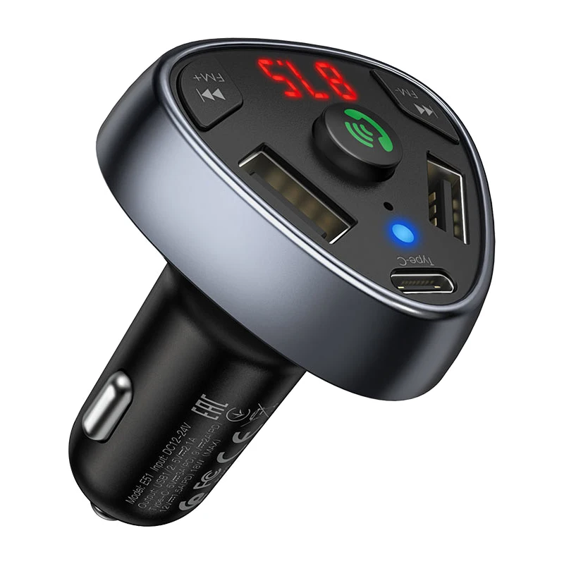 Автомобильное зарядное устройство с FM-трансмиттером Hoco Road treasure - 2xUSB Type-C 3.1A черное