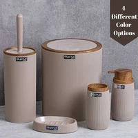 Piece Bathroom Accessories Set with Trash Can Toothbrush Holder Soap Dispenser Soap and Lotion Set Round With Wooden Pattern