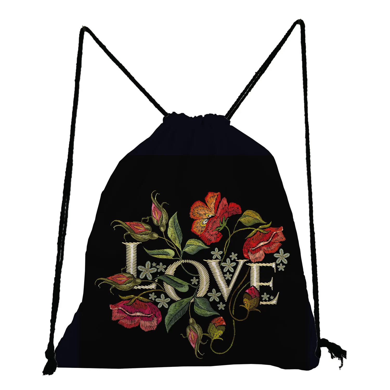

Bright Colors Floral LOVE Printed Backpack Beautifly Black Drawstring Bags Large Capacity Shoe Bag to School Portable Book Bag