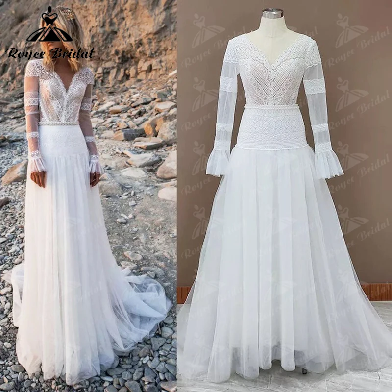 

Boho V-neck Full Flare Sleeve Appliques Lace A-Line Wedding Dress 2022 Netting Bridal Gown Sweep Button Sashes Beading vestidos