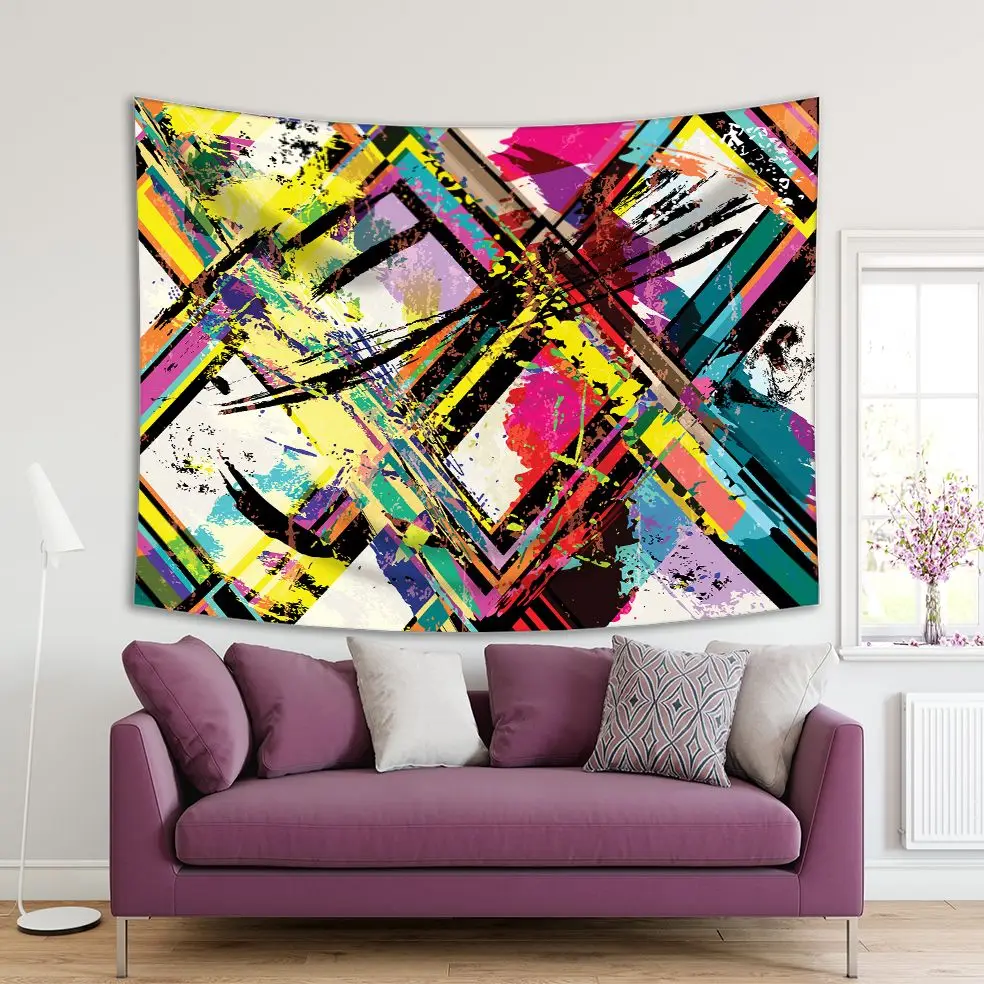 

Tapestry Abstract Artwork Triangles Stripes Geometric Lines Strokes Splashes Yellow Blue Teal Fuchsia Vibrant Print