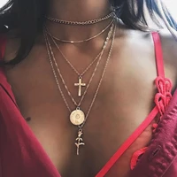 laramoi vintage cross and rose flower pendant necklace for women creative western style multilayer alloy chokers chain 2020 new