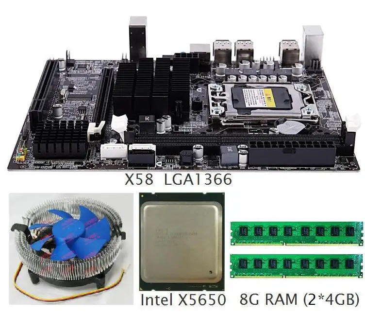 Материнская плата X58 cpu ram Combo LGA1366 материнская плата с Intel X5650& 2-Ch 8G ram ECC с кулером