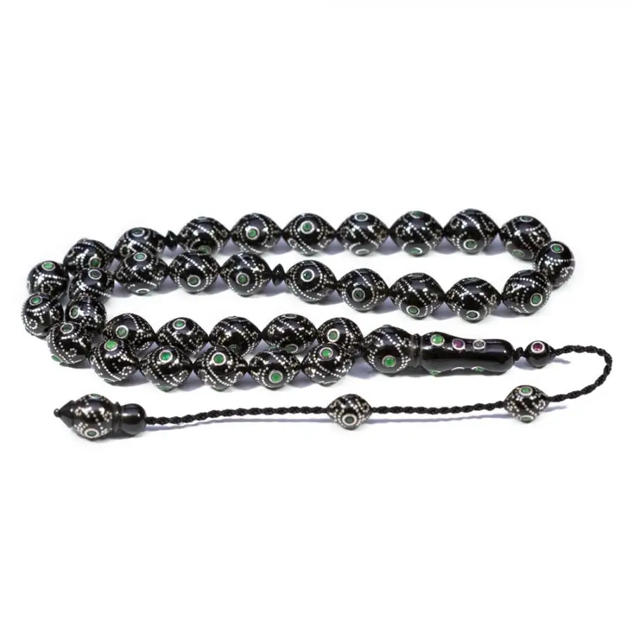 

Starling Eye Style Jet Rosary (Tasbih) with Silver Emerald Inlays Fashion Turkish Premium Quality Handmade Jawelery