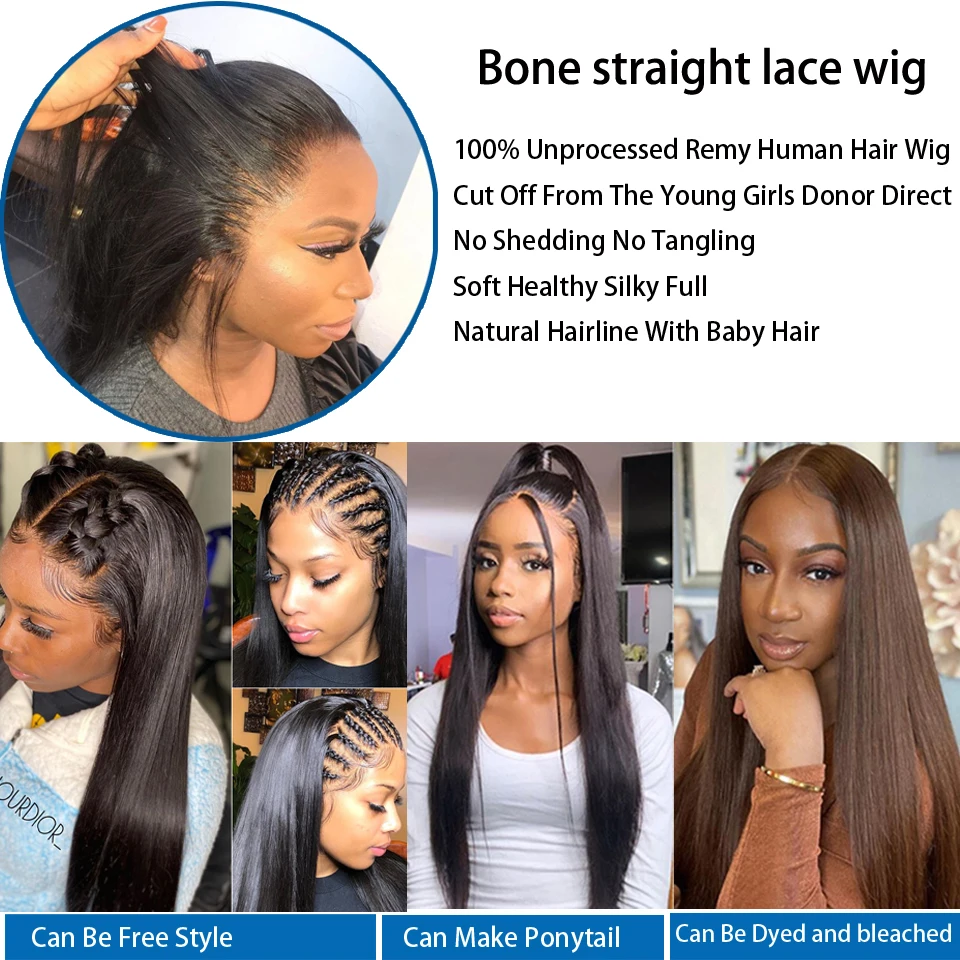 Glueless Brazilian 30 Inch Bone Straight Lace Front Human Hair Wigs For Women 13x4 Lace Frontal Human Hair Wig Closure Wig