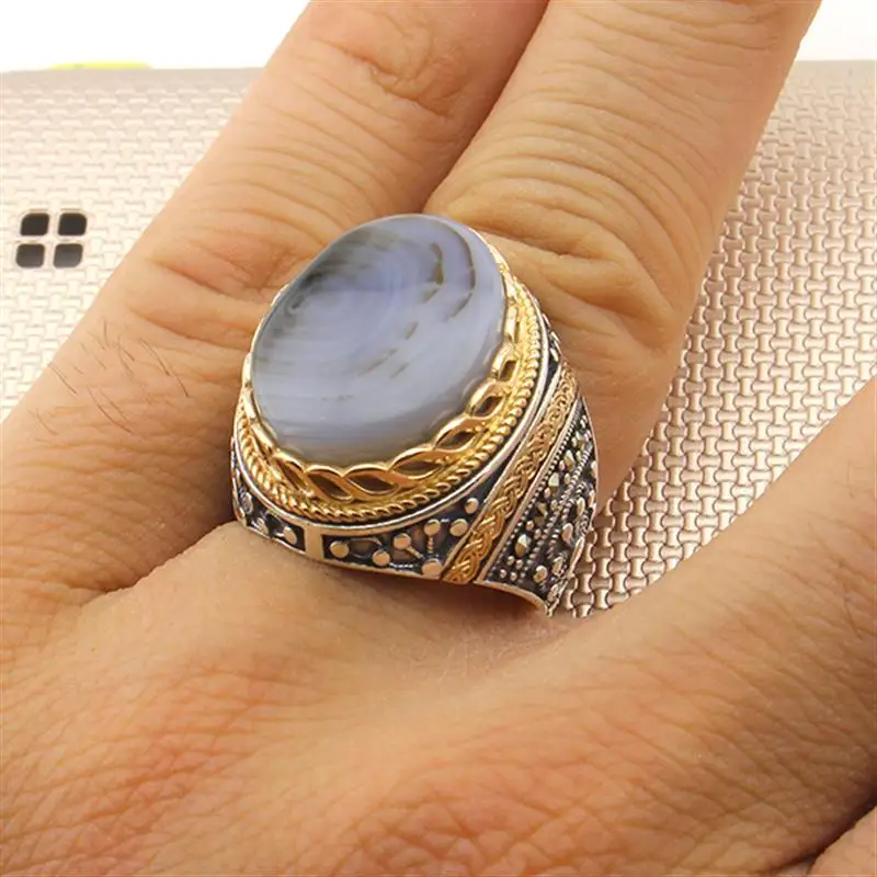 

Sterling Silver Ring 925 With Stone For Men Yemen Agate Gemstone Gift For Him Men's Rings Handmade - Turkish Jewelry