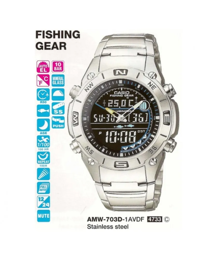 Оптическими зумом Casio цифровые и аналоговые часы для рыбалки AMW 703D 1AV лунных фаз