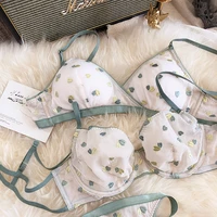 french niche design love embroidery mesh perspective outfit sexy bra set with big breasts and sweet underwear non bump bralette