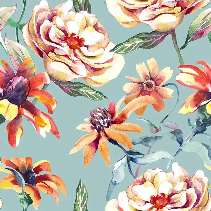 

Curtain Summer Flowers Pattern Vintage Style Watercolor Artwork Blue Orange Green