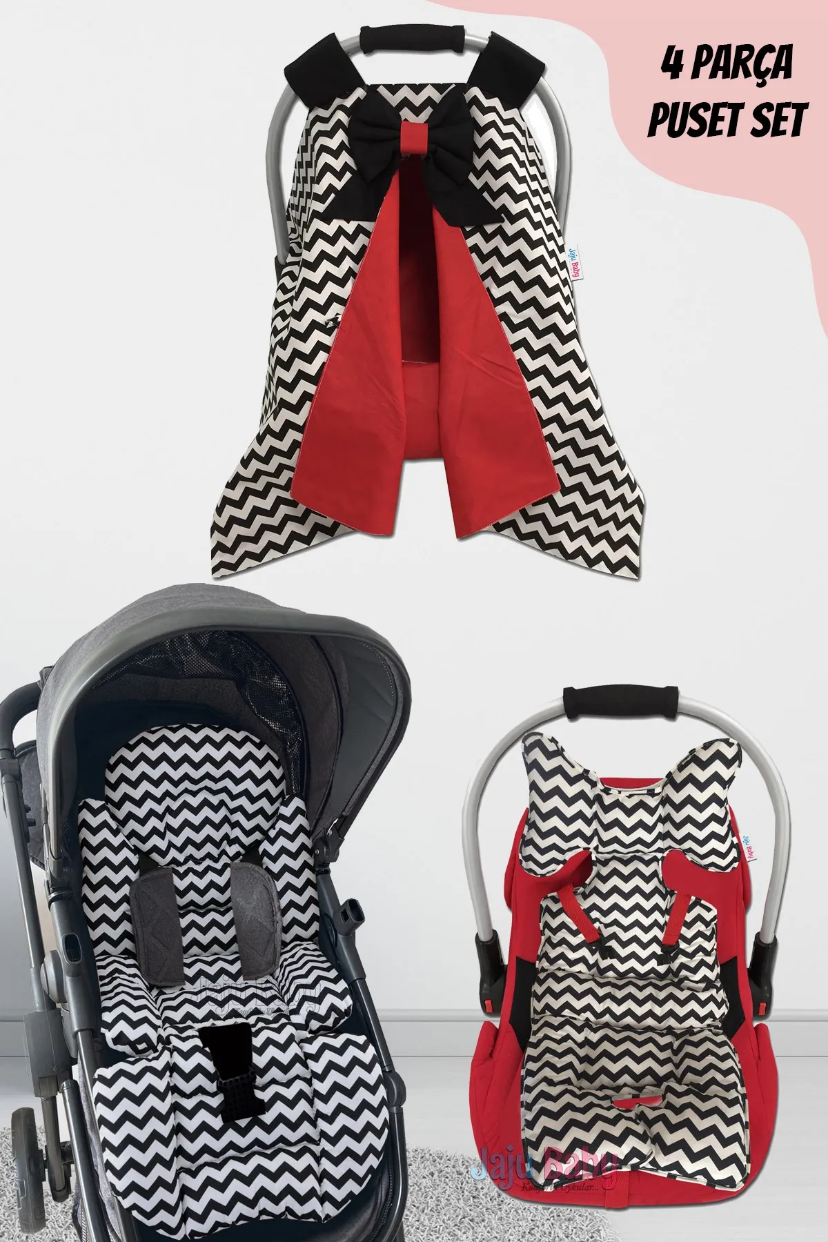 Jaju Baby Handmade, Black Zigzag Red 4-Piece Stroller Set (With Handle)