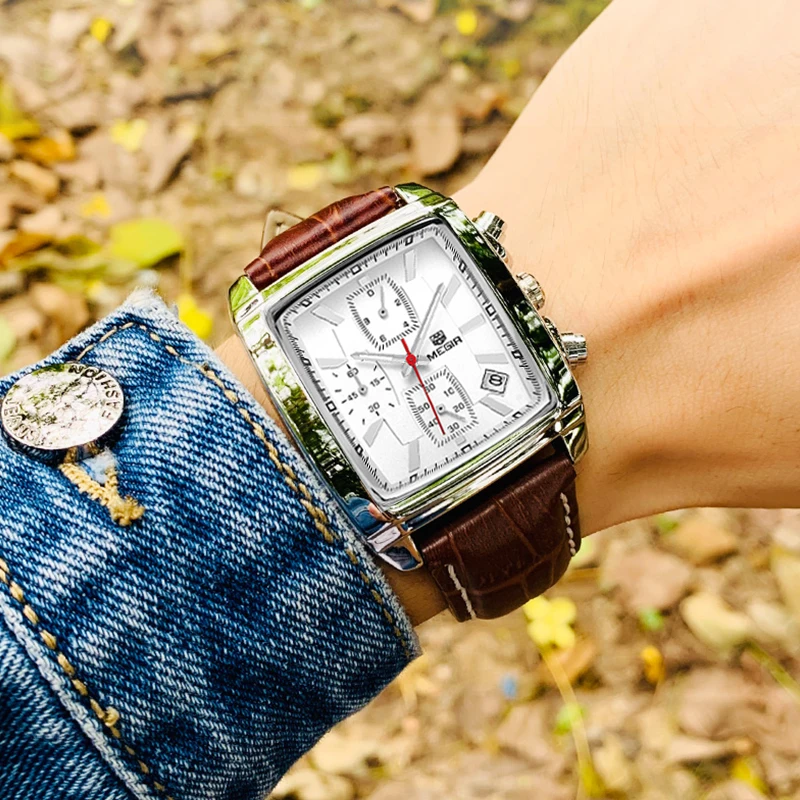 Часы MEGIR Мужские кварцевые с хронографом оригинальные прямоугольные