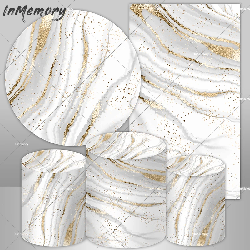 

White Grey Gold Marble Texture Background Happy Birthday Party Decoration Arched Wall Banner Round Backdrop Cylinder Cover