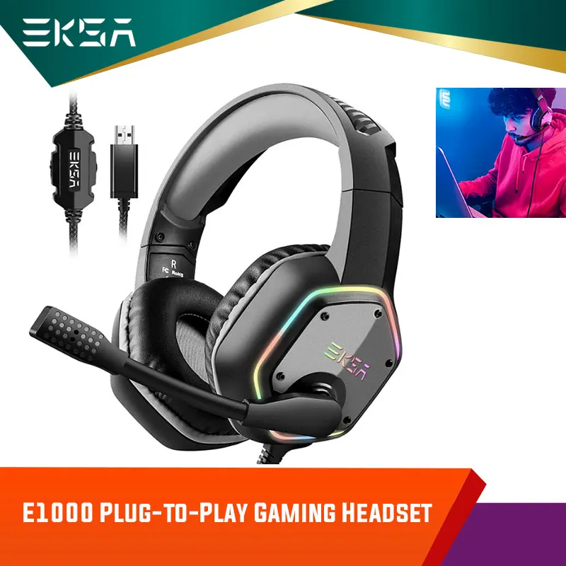 

EKSA E1000 Virtual Surround Sound 7.1 Over-Ear Wired Gaming Headphones Plug To Play 50mm Magnetic Neodymium Driver Gray